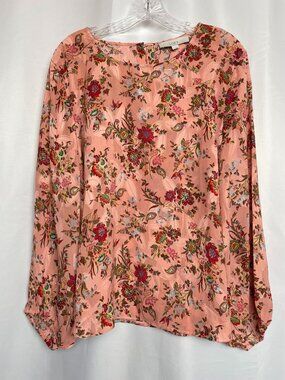 LOFT Pink Floral Balloon Sleeve Blouse Professional Cottagecore Textured Top XL